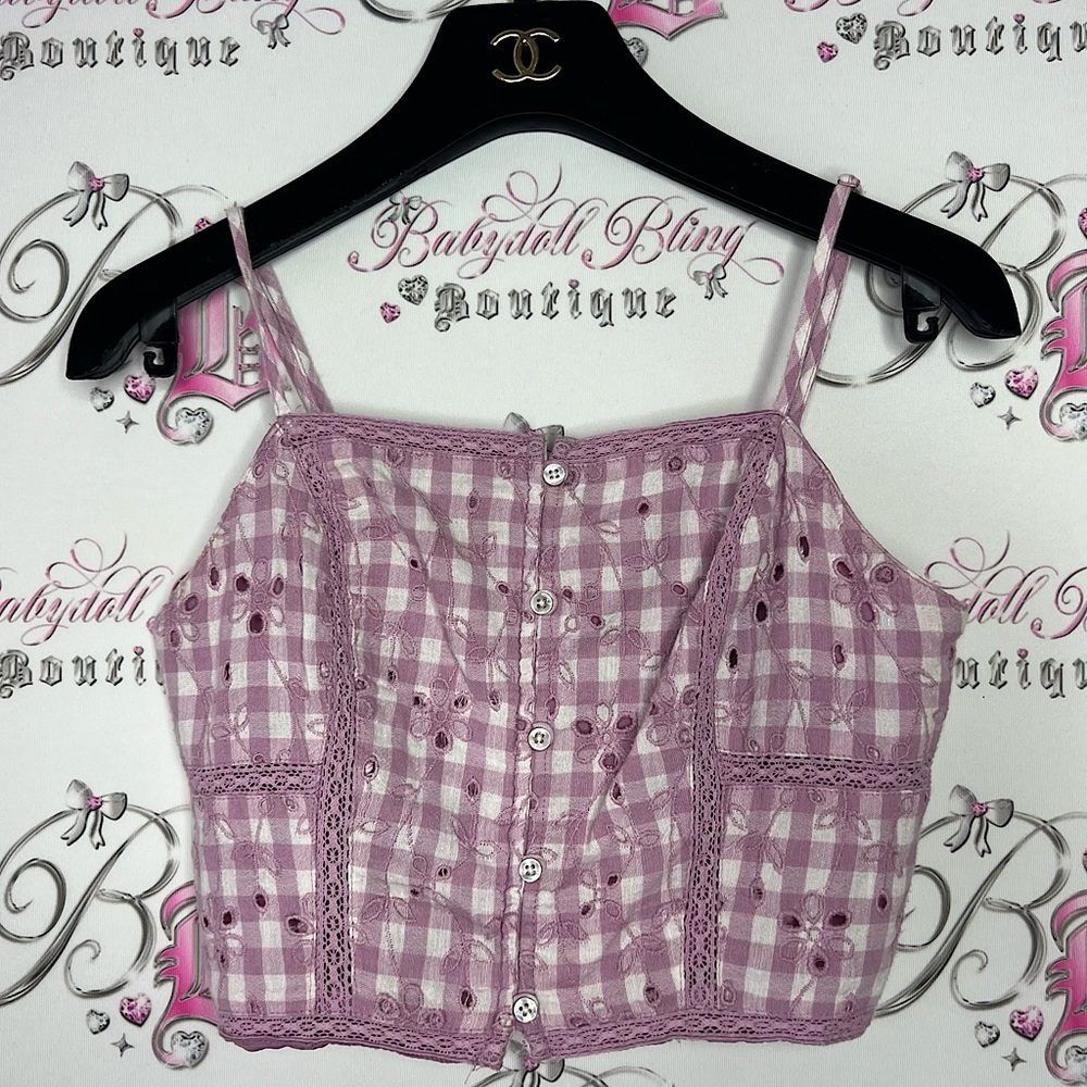 American eagle plaid picnic crop tank top lilac pink purple with white cottage